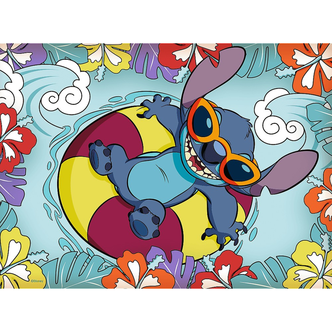 Stitch azul com óculos e bóia colorida rodeado de flores tropicais