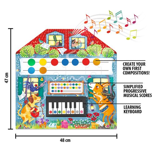 Painel musical infantil colorido com teclas de piano e desenhos de cães