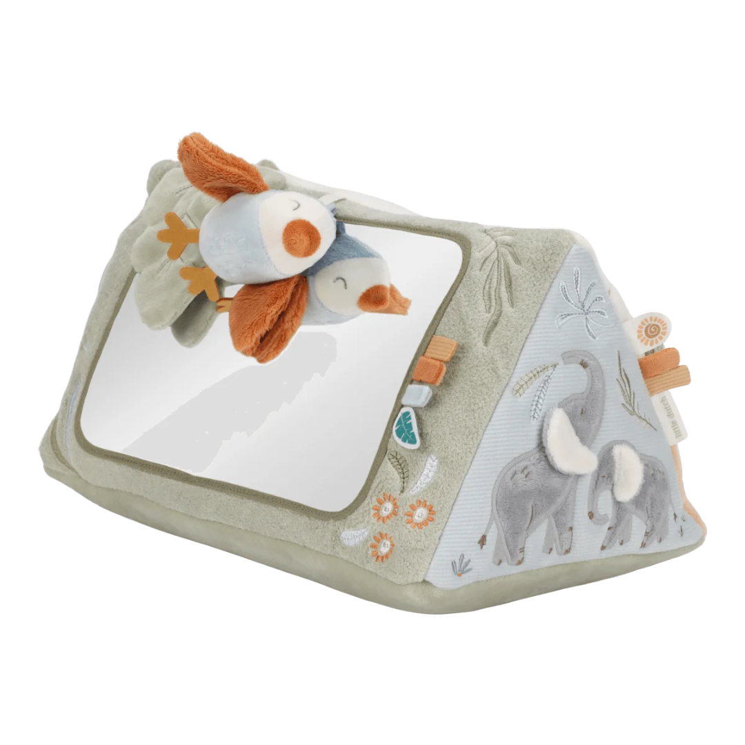 Espelho triangular de bebé com peluches e bordados de elefantes