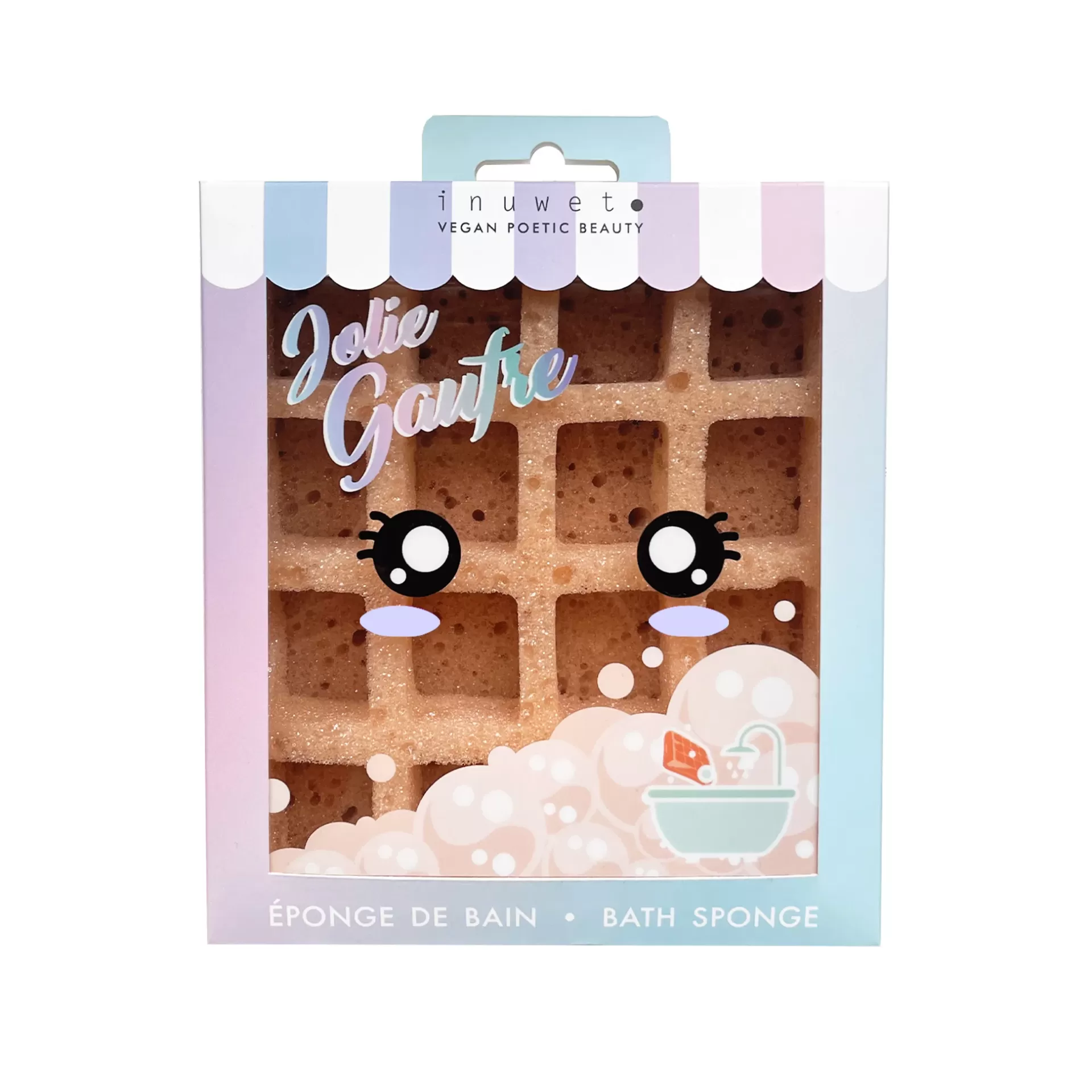 Esponja de banho textura waffle em embalagem colorida azul e rosa pastel