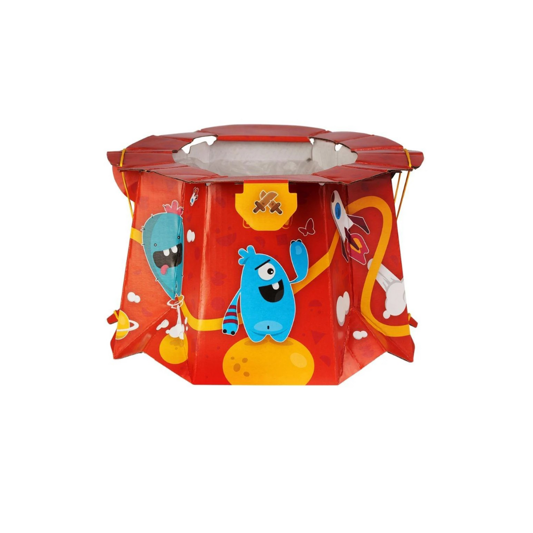 Toca para bebé vermelha com monstros azuis e naves espaciais