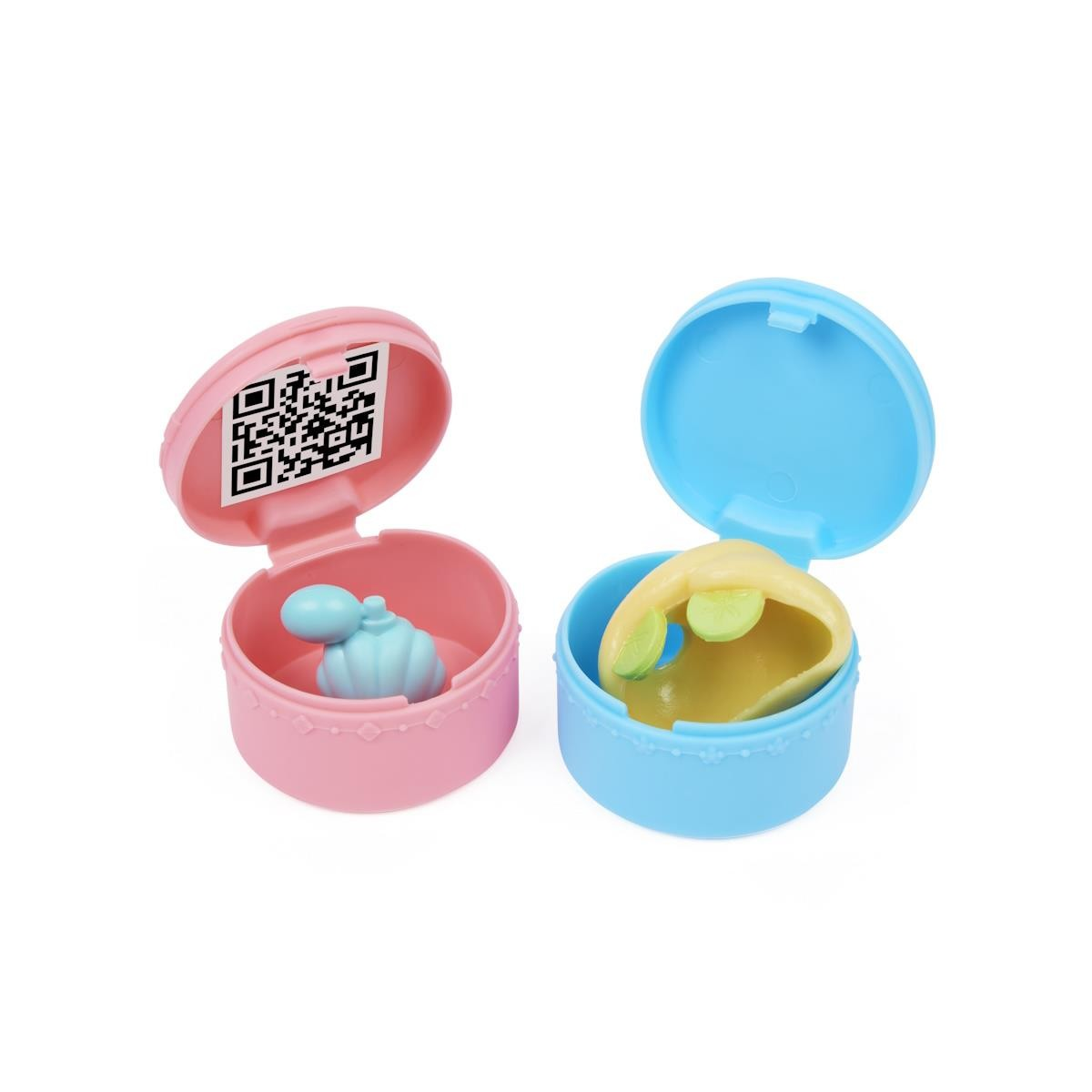 Duas caixas circulares de plástico azul e rosa abertas com objectos dentro