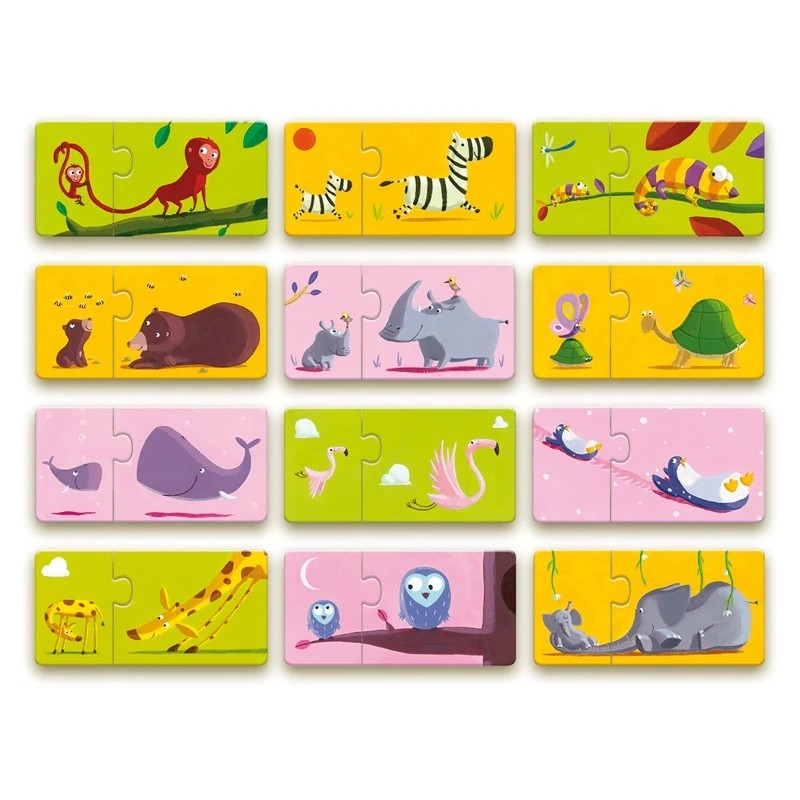 Puzzle de madeira com pares de peças ilustradas de animais diversos sobre fundo colorido