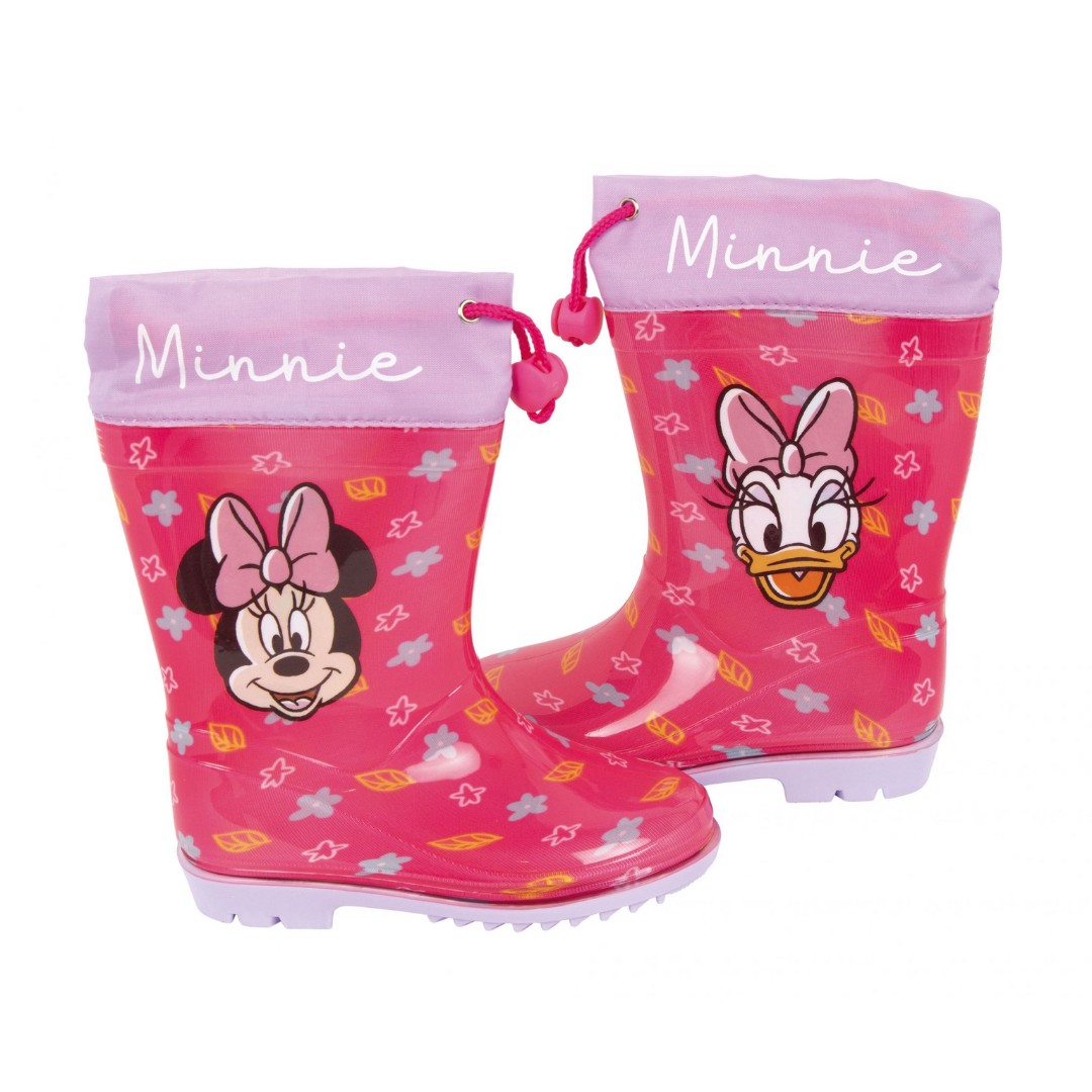Galochas infantis cor-de-rosa com personagens Minnie e Daisy e ajuste em cordão