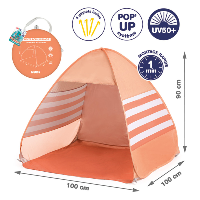 Tenda pop-up de praia cor de salmão com riscas brancas e 4 piquetes amarelos