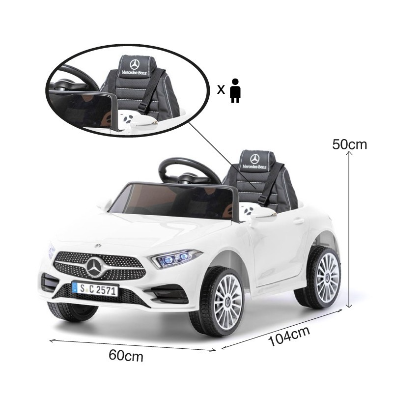 Carro elétrico branco para criança com detalhes Mercedes-Benz e volante preto