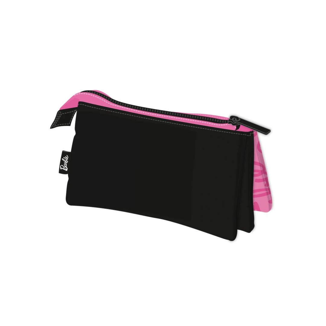 Estojo escolar preto e rosa com fecho de correr e etiqueta 'Barbie'