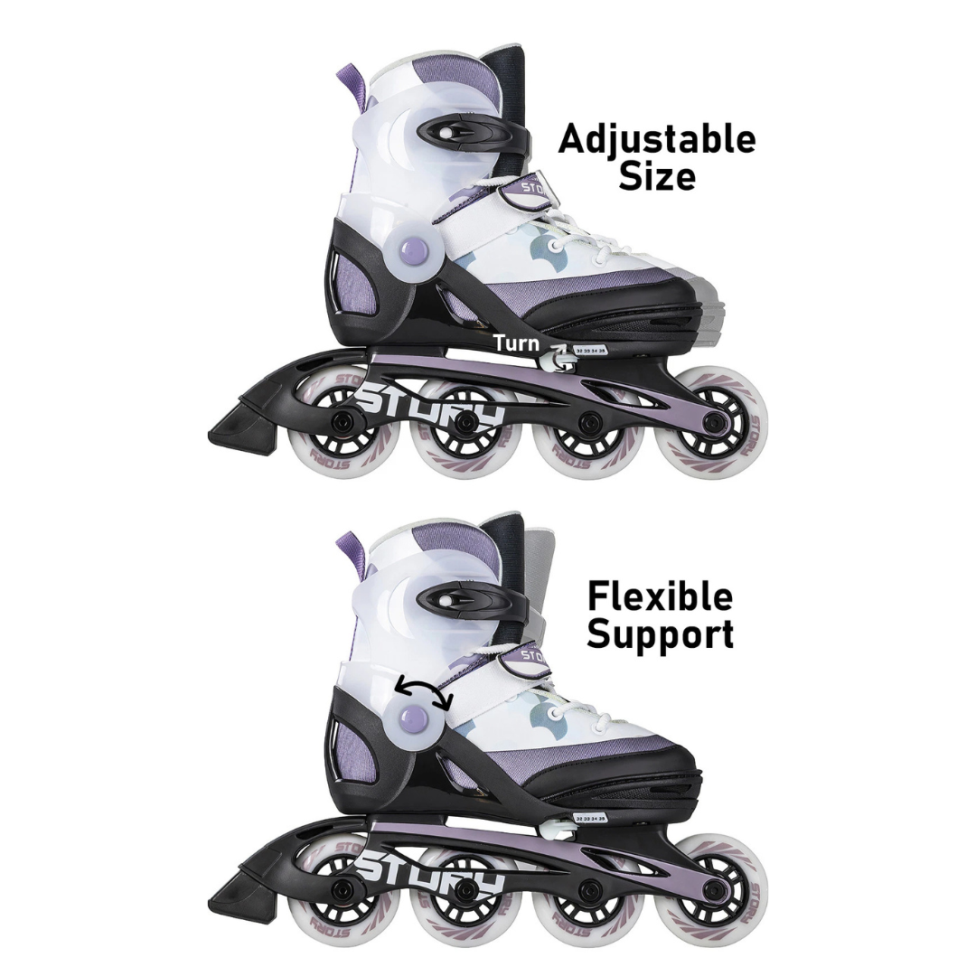 Patins em linha ajustáveis preto, roxo e branco com suporte flexível.