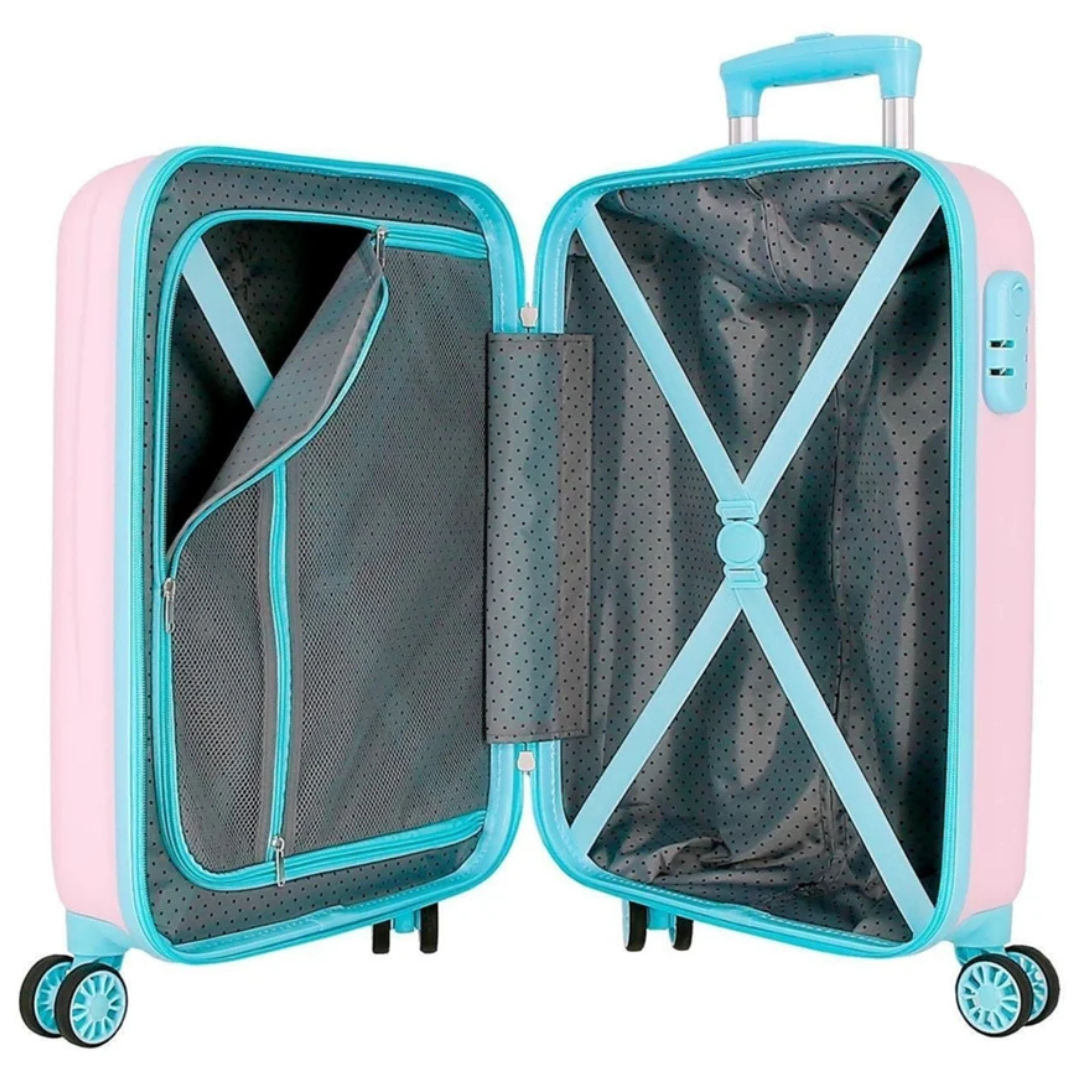 Mala de viagem rígida rosa e azul com interior cinza e padrão de pontos pretos aberta