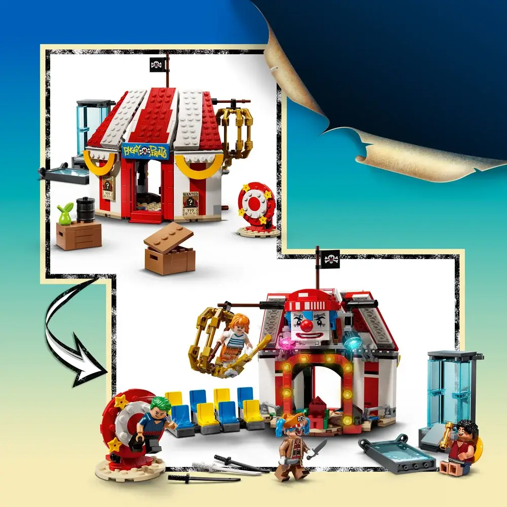 Brinquedos de blocos LEGO tema circo e piratas com tenda vermelha e branca e figuras humanas
