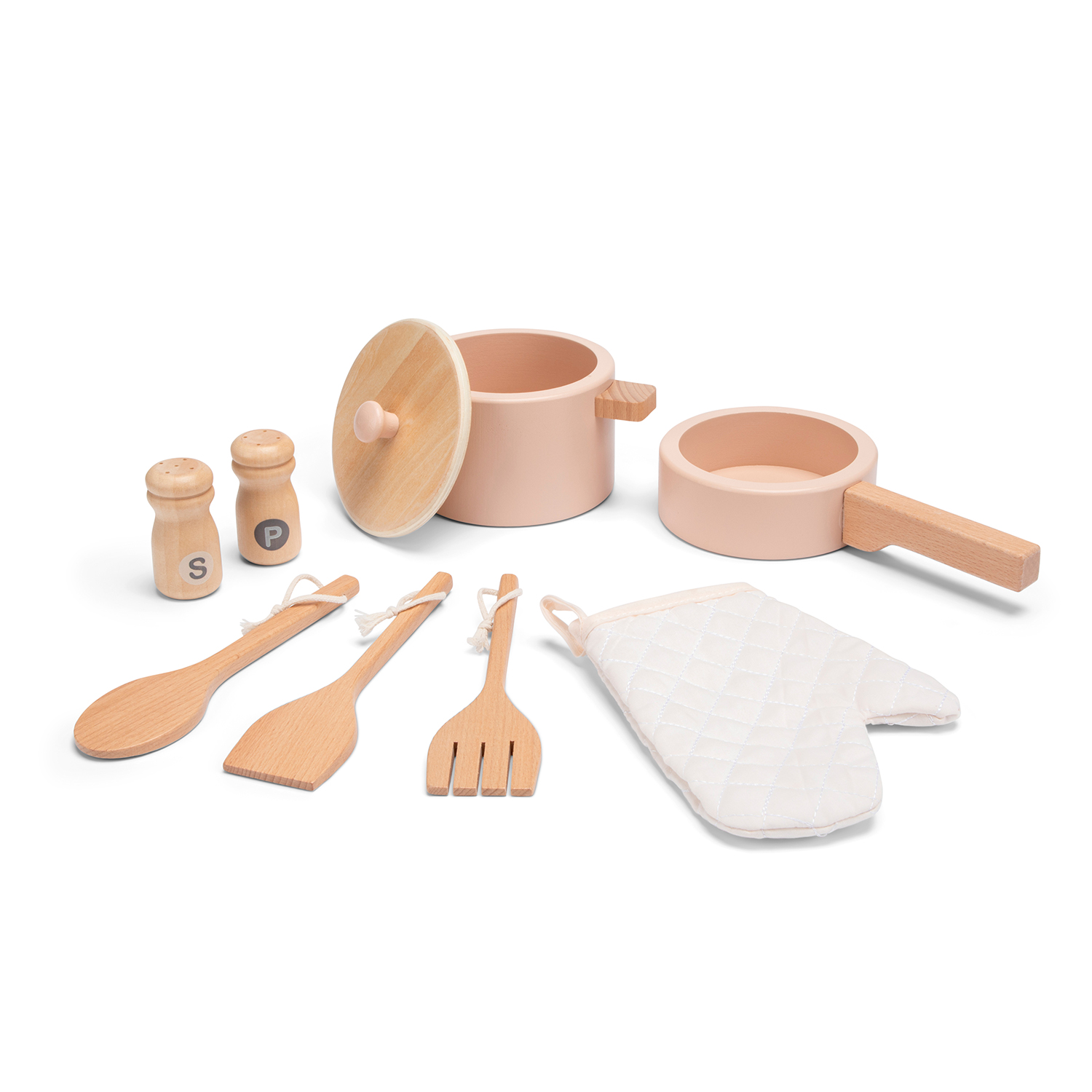 Conjunto de utensílios de cozinha de madeira para crianças com panela, frigideira, espátulas, saleiro, pimenteiro e luva de forno
