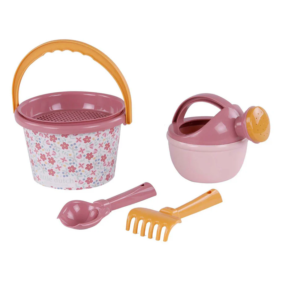 Brinquedo de jardim com balde, regador, pá e rastelo em plástico em cores rosa e amarelo