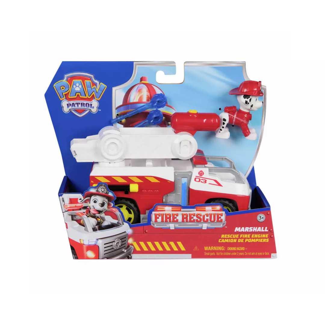 Brinquedo de carro de bombeiros com figura de cão dálmata e embalagem colorida