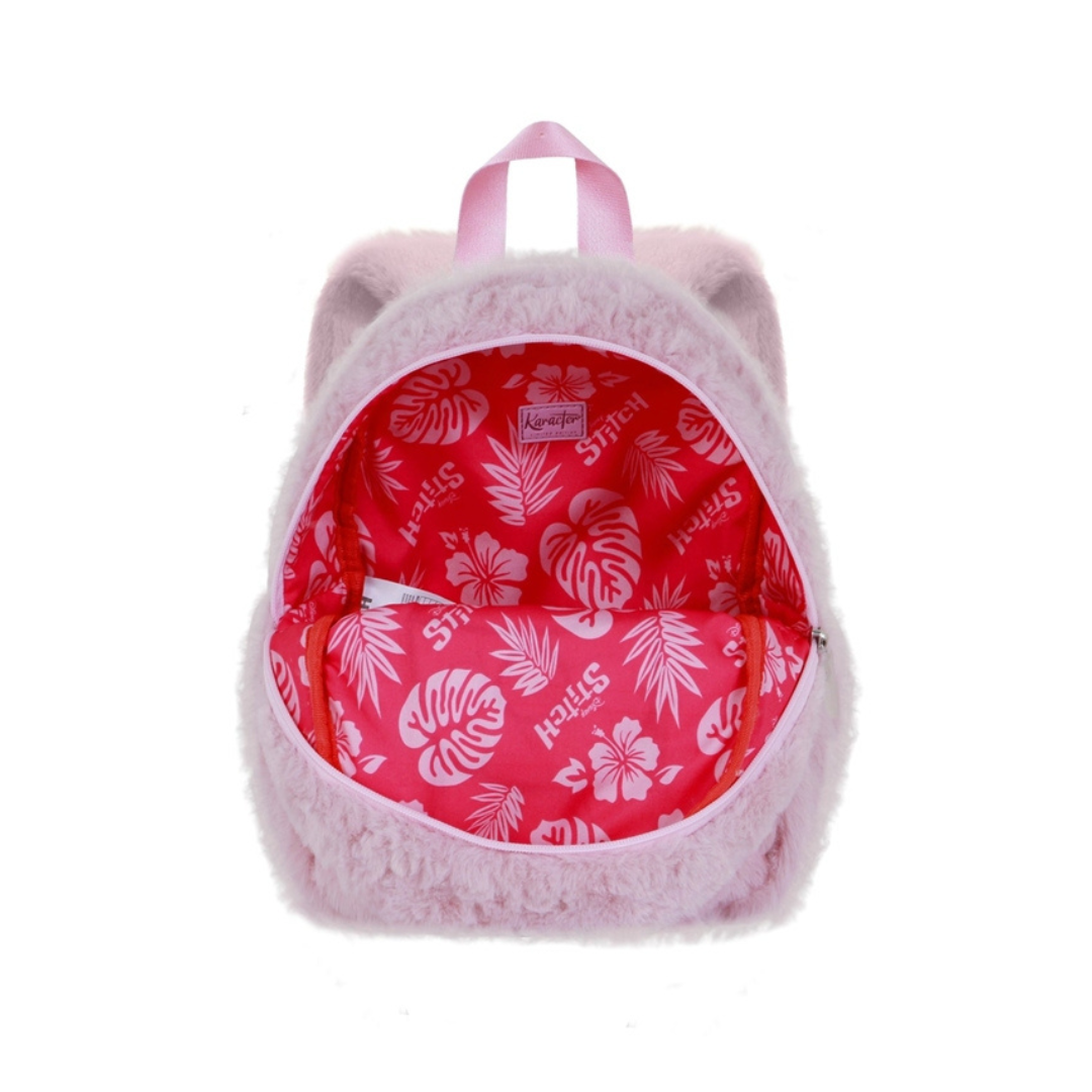 Mochila rosa de pelo com interior vermelho estampado e alça rosa