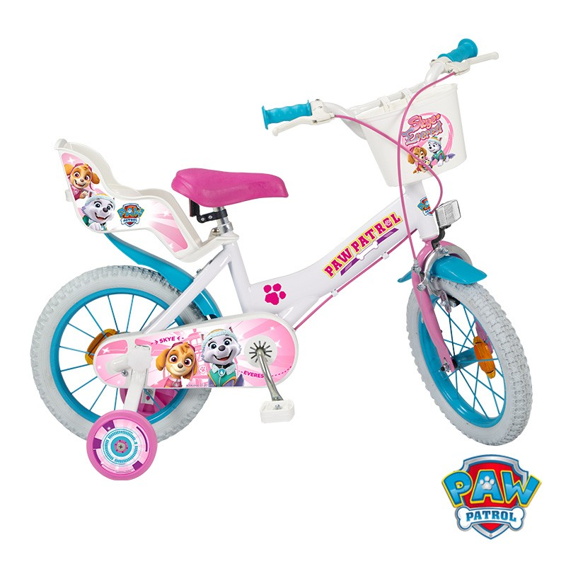 Bicicleta infantil com imagens da série PAW PATROL, pneus cinzentos, quadro branco com detalhes rosa e azul.