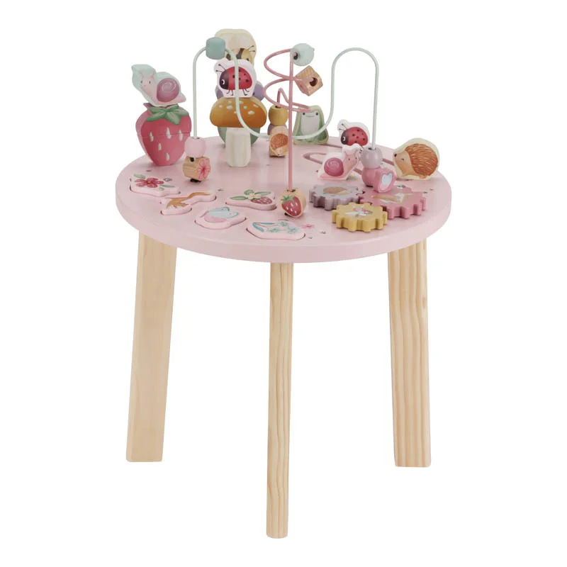 Mesa de brincadeiras de madeira para crianças com brinquedos coloridos