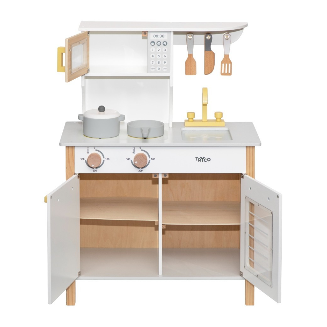 Cozinha de brincar infantil branca e madeira com micro-ondas e utensílios