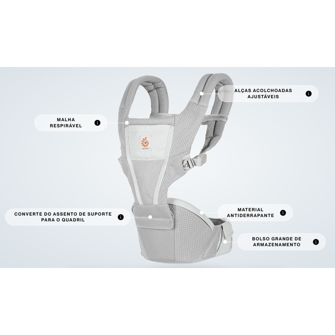 Canguru ergonómico cinzento claro com alças ajustáveis e malha respirável