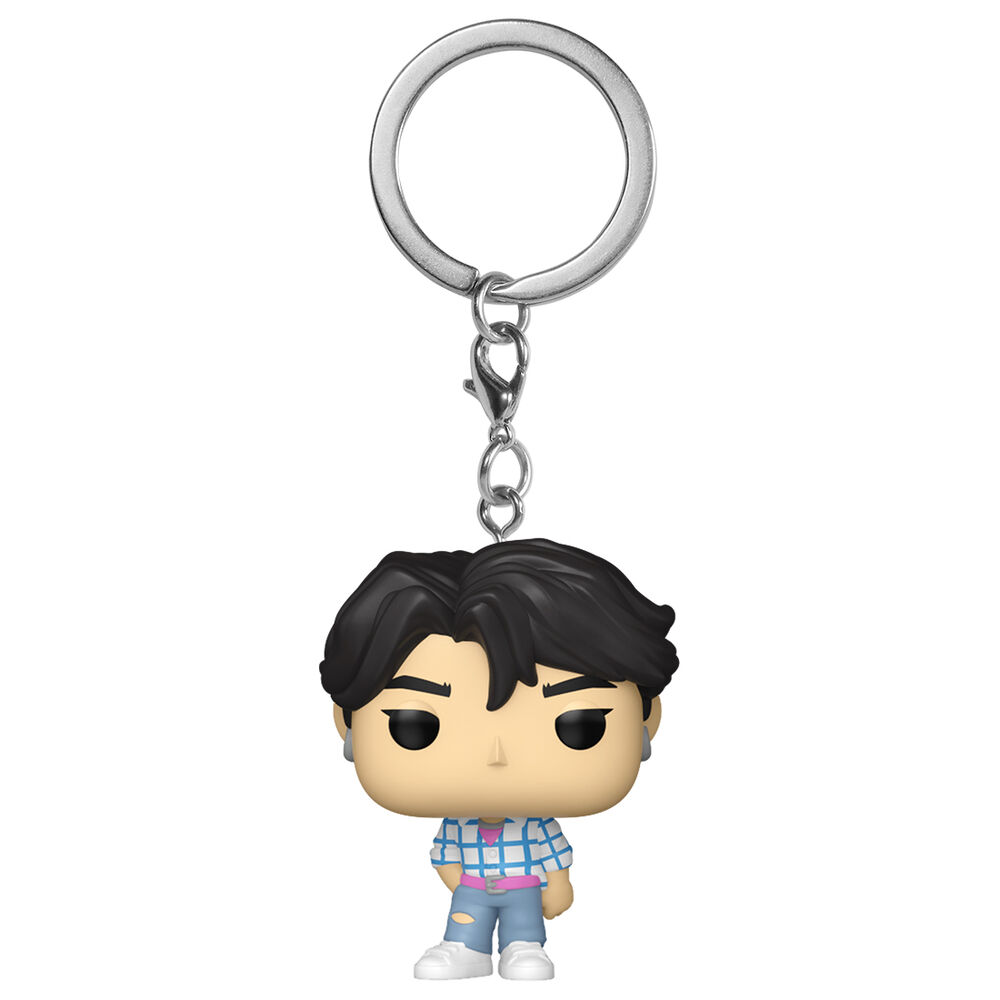 Chaveiro Funko Pop personagem cabelo preto camisa quadriculada azul e branca calças rasgadas azul sapatos brancos