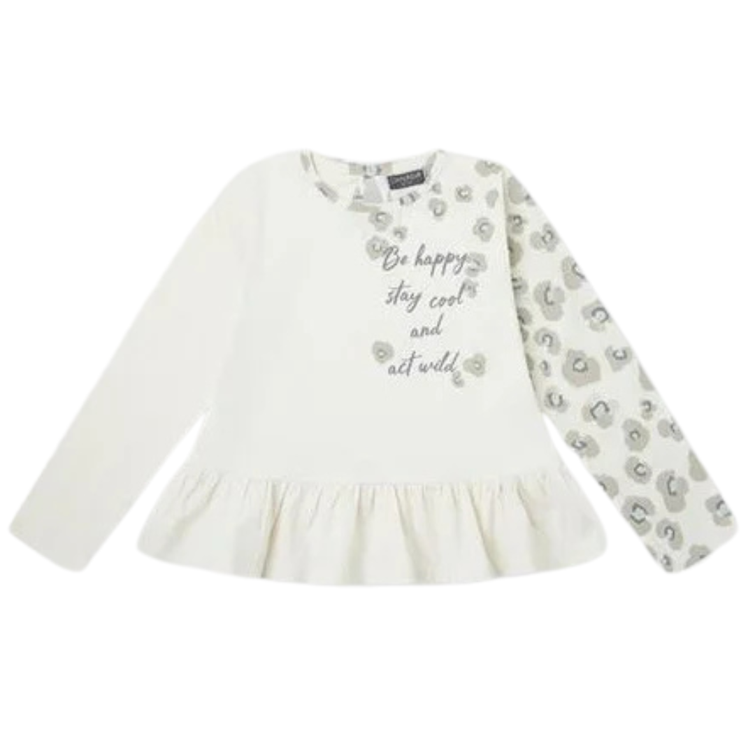 Camisola branca com manga estampada, folhos e texto impresso para criança