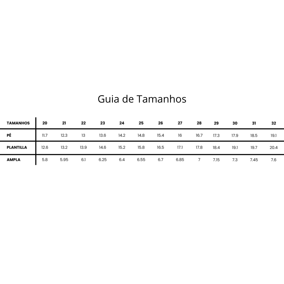 Guia de tamanhos de calçado com medidas para pé, plantilla e largura ampla.