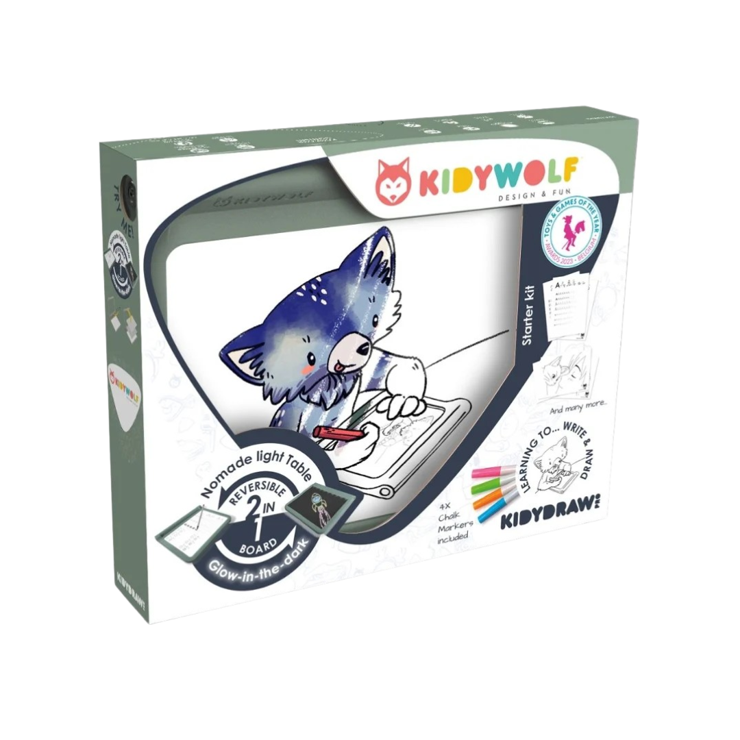 Pack KIDYWOLF com tábua de luz reversível 2 em 1 e marcador de giz de cera com ilustração de lobo azul