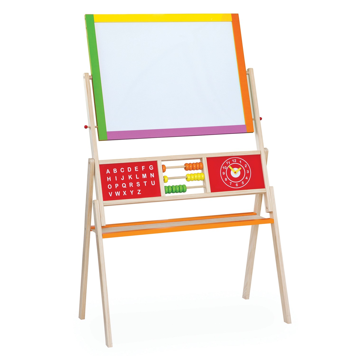 Quadro infantil de madeira com superfície branca, painel vermelho com alfabeto, ábaco colorido e relógio de brinquedo