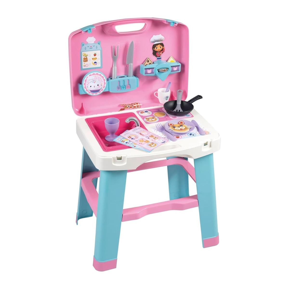 Cozinha de brinquedo infantil em plástico colorido com acessórios e decoração de chef.