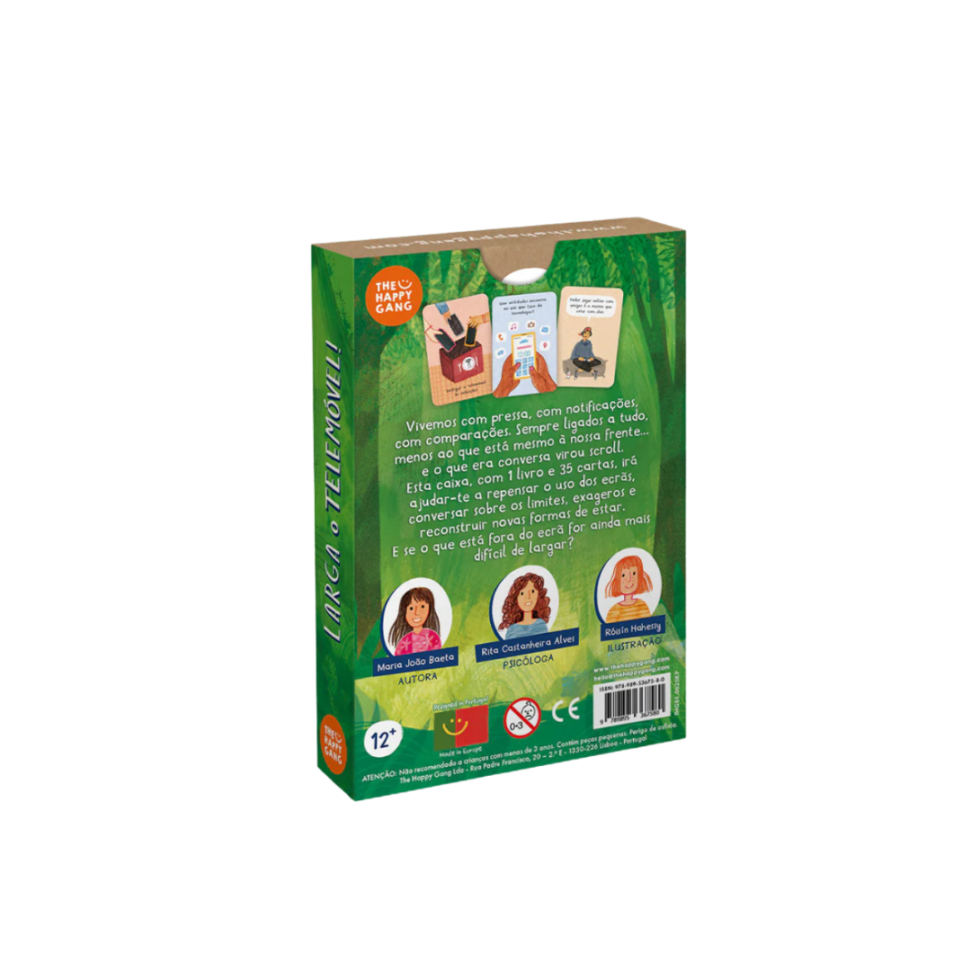 Embalagem verde do jogo LARGA o TELEMÓVEL! da THE HAPPY GANG com texto e ilustrações
