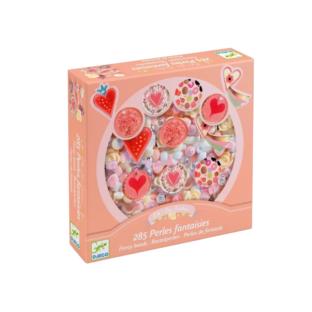 Caixa de material para bijutaria DJECO com pérolas rosas e vermelhas em formatos de corações