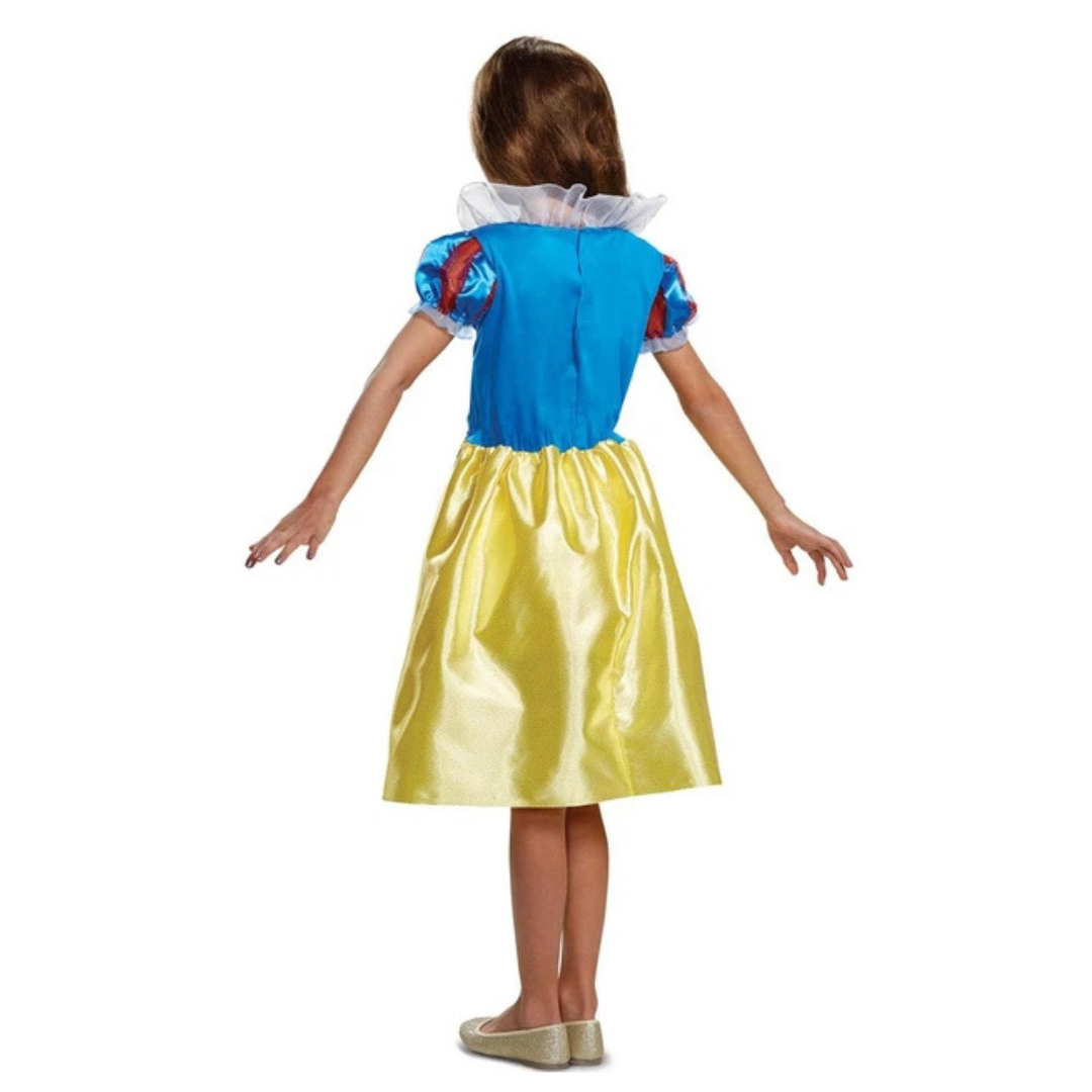Vestido infantil Branca de Neve azul, vermelho, amarelo e branco, vista traseira
