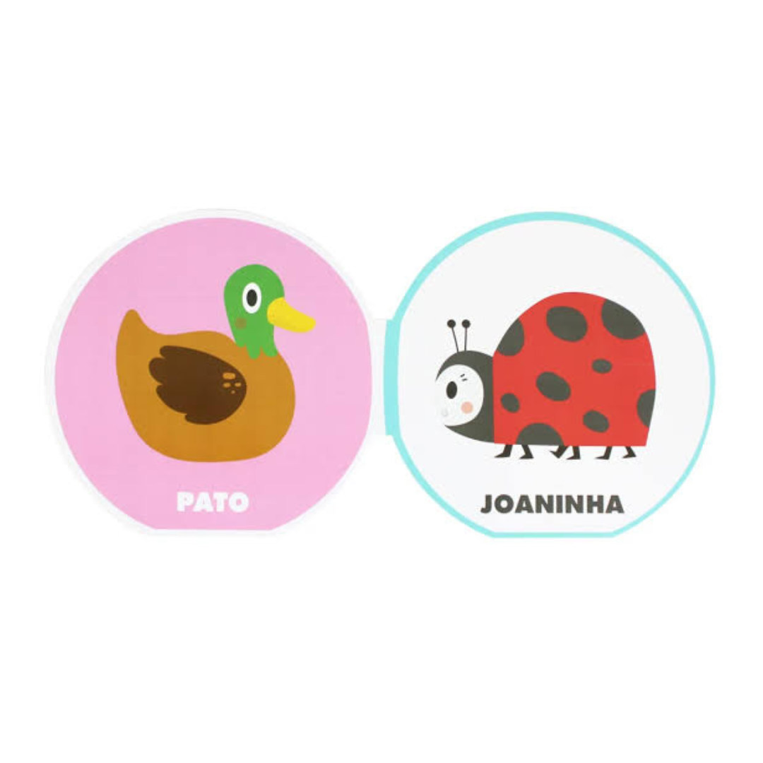Livro infantil com ilustrações de um pato e uma joaninha em páginas redondas.