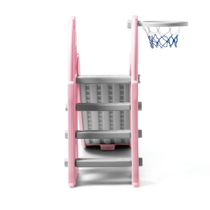 Escada para crianças rosa e cinza com tabela de basquetebol
