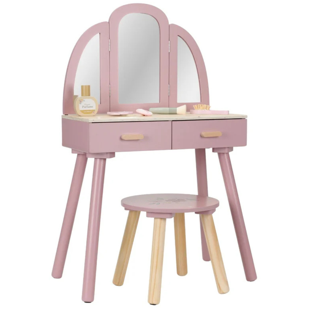 Penteadeira infantil rosa com três espelhos e banco com pernas de madeira