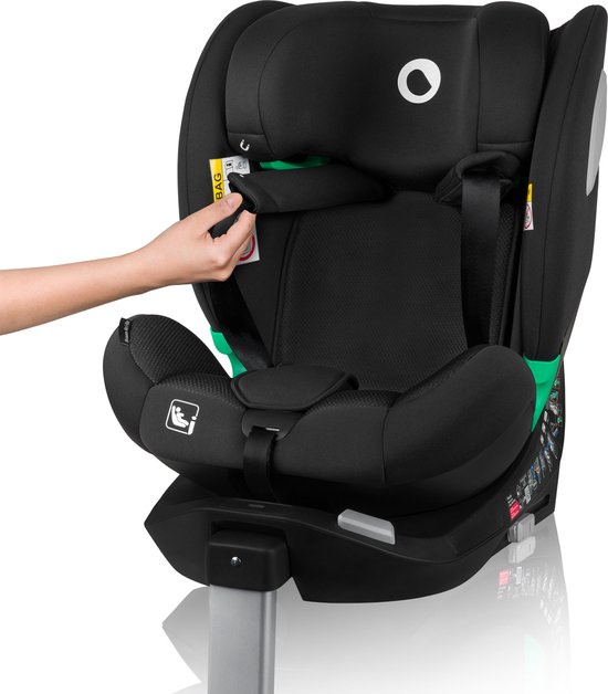 Cadeira de segurança para crianças preta com detalhes verdes e suporte metálico.