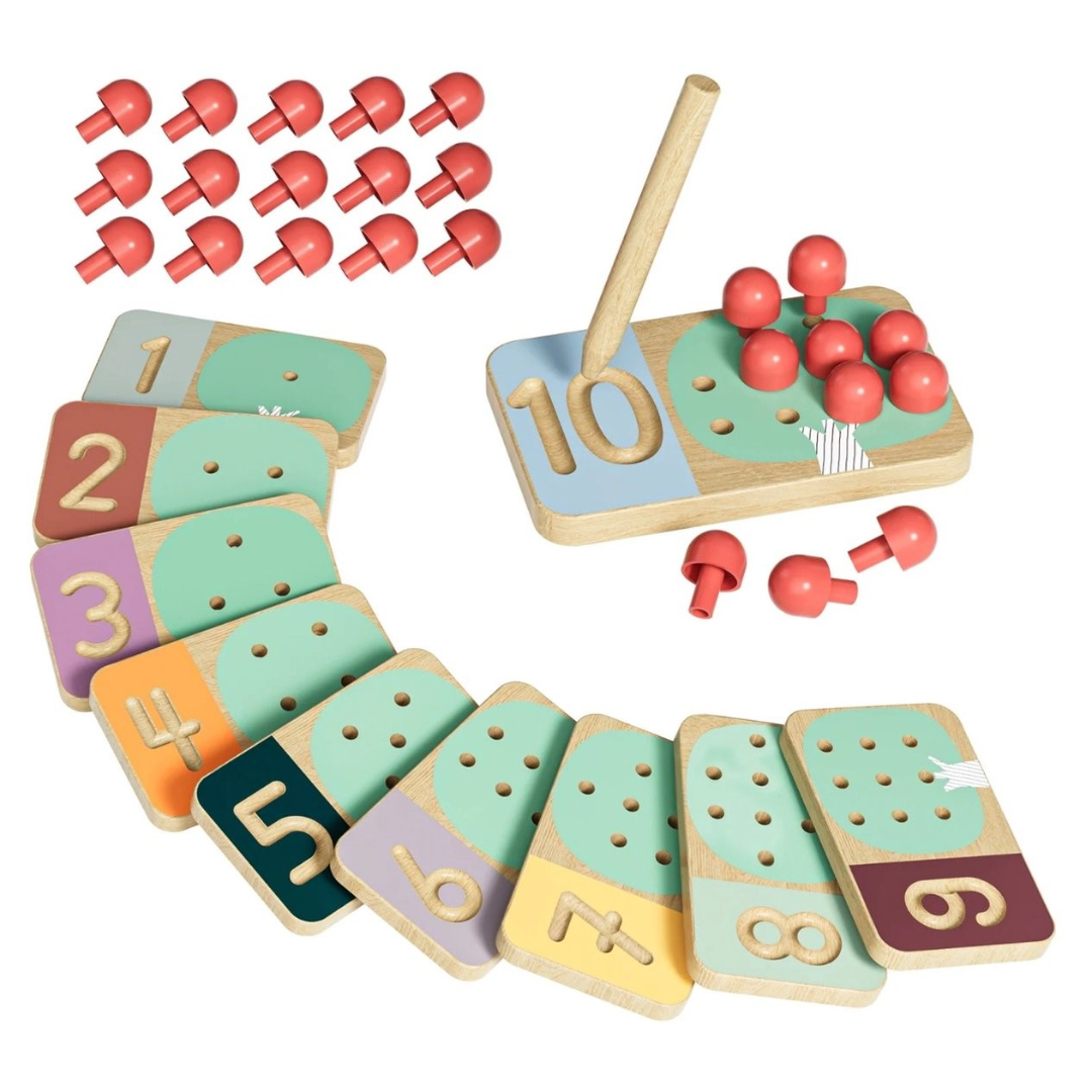 brinquedo educativo de madeira com placas numeradas e pinos vermelhos
