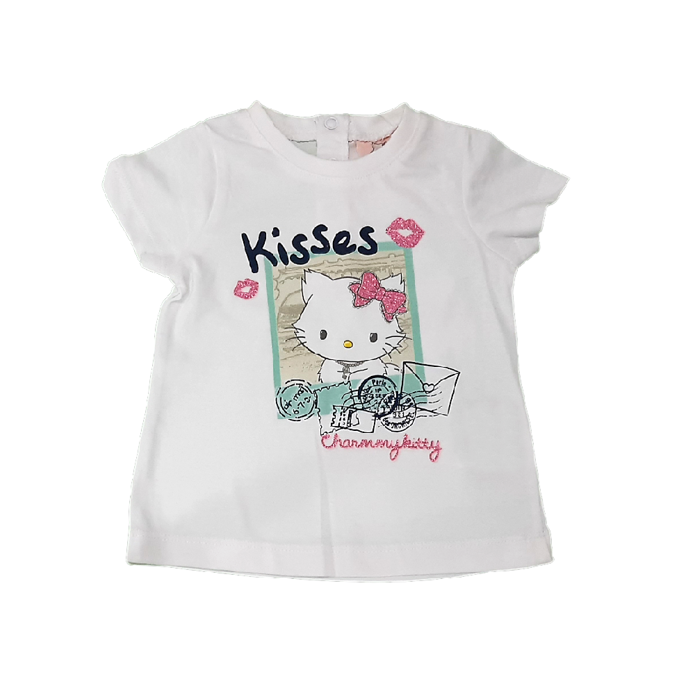 T-shirt branca de criança com estampa Hello Kitty com laço rosa e texto Kisses Charmmykitty