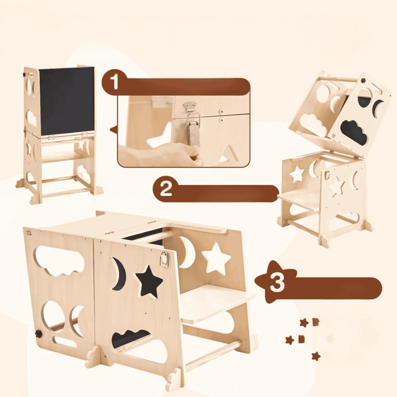 Móvel infantil multifuncional em madeira clara com recortes decorativos