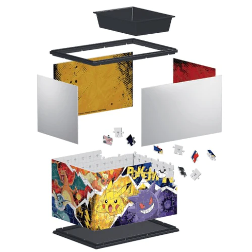 Componentes de produto para montagem com ilustrações de Pokémon e partes plásticas pretas