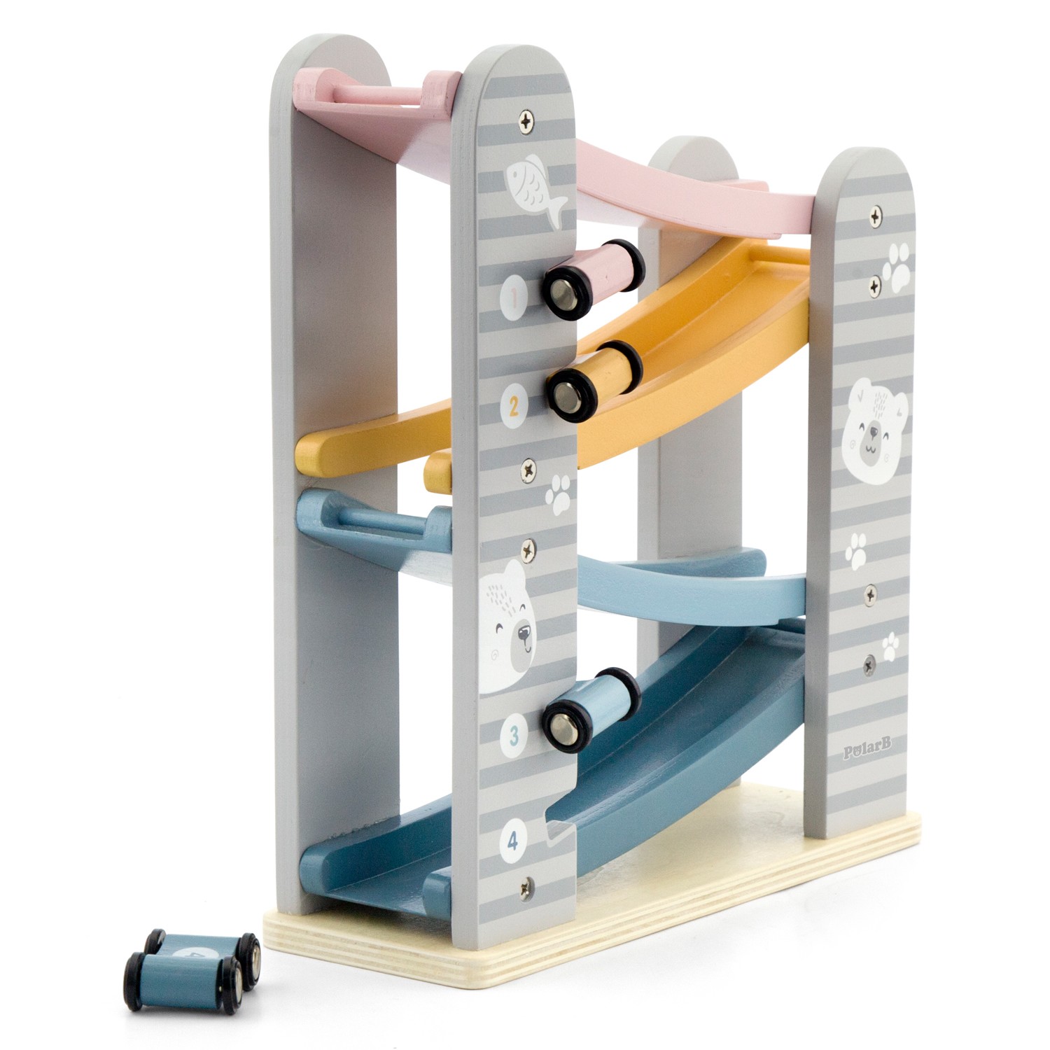 Brinquedo infantil de madeira com rampas coloridas e pequenos carros