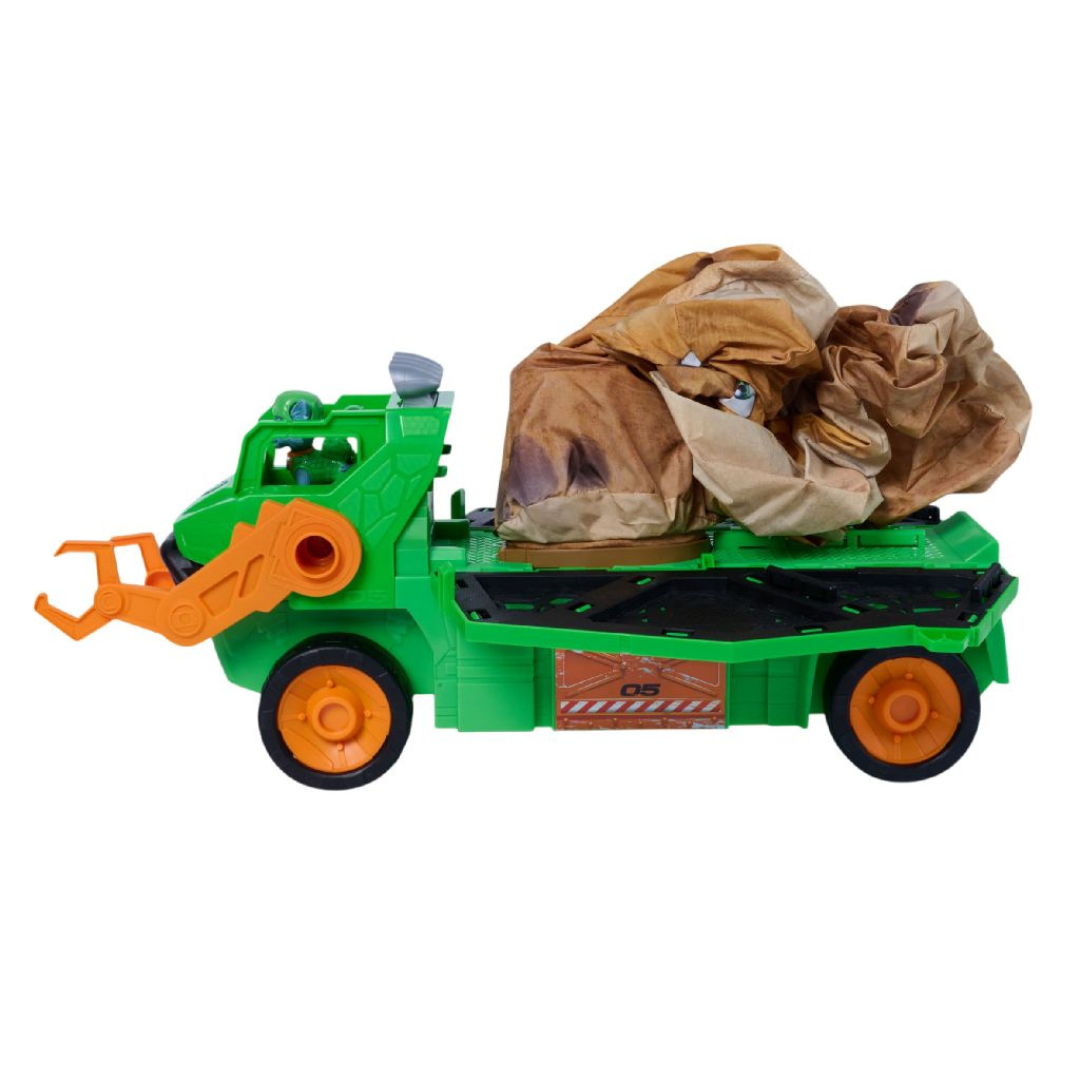 Brinquedo de camião verde e laranja com carga de tecido marrom