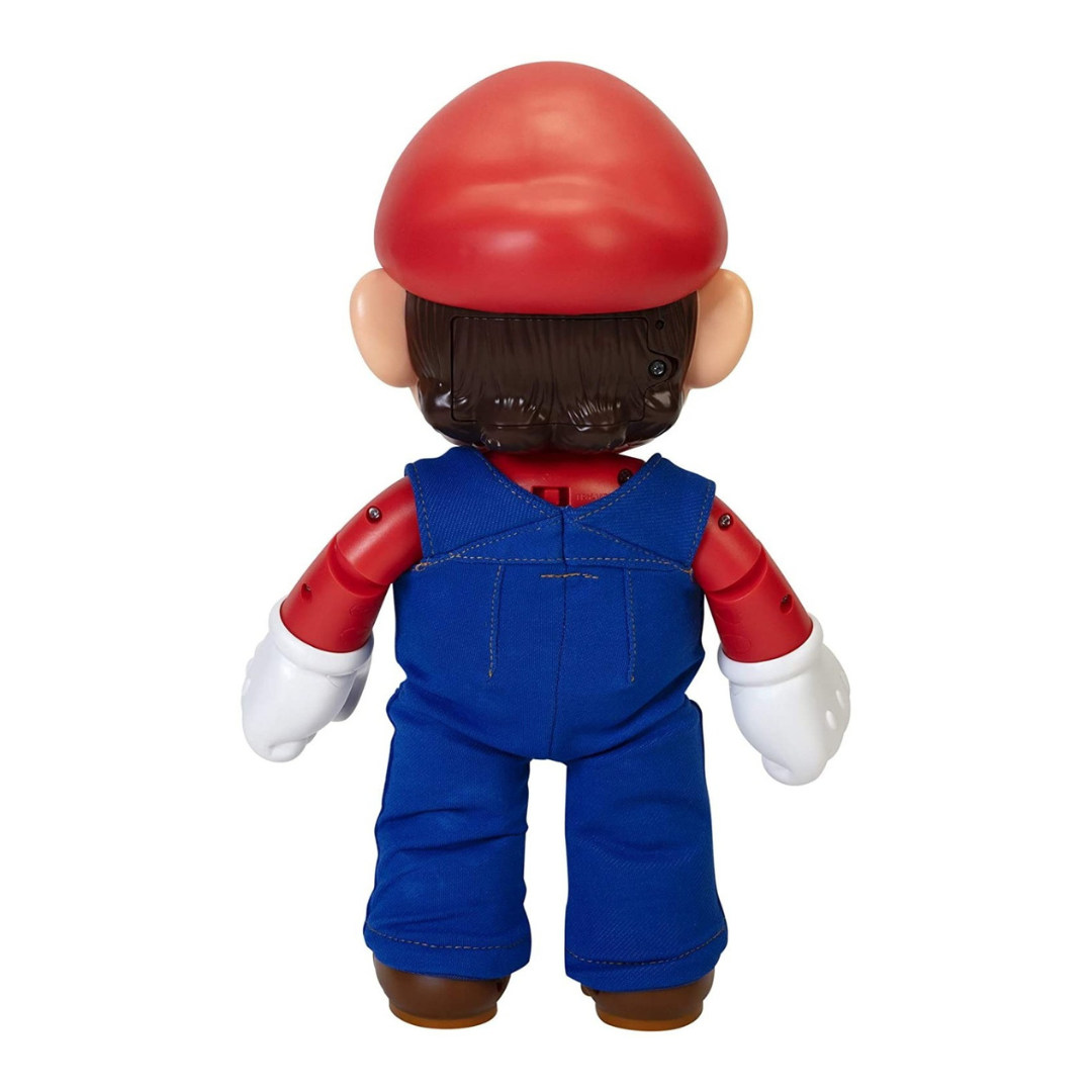 Boneco com chapéu vermelho, macacão azul e luvas brancas visto de costas