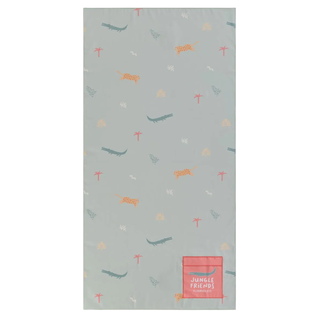 Toalha cinza claro com padrões de animais e etiqueta rosa JUNGLE FRIENDS