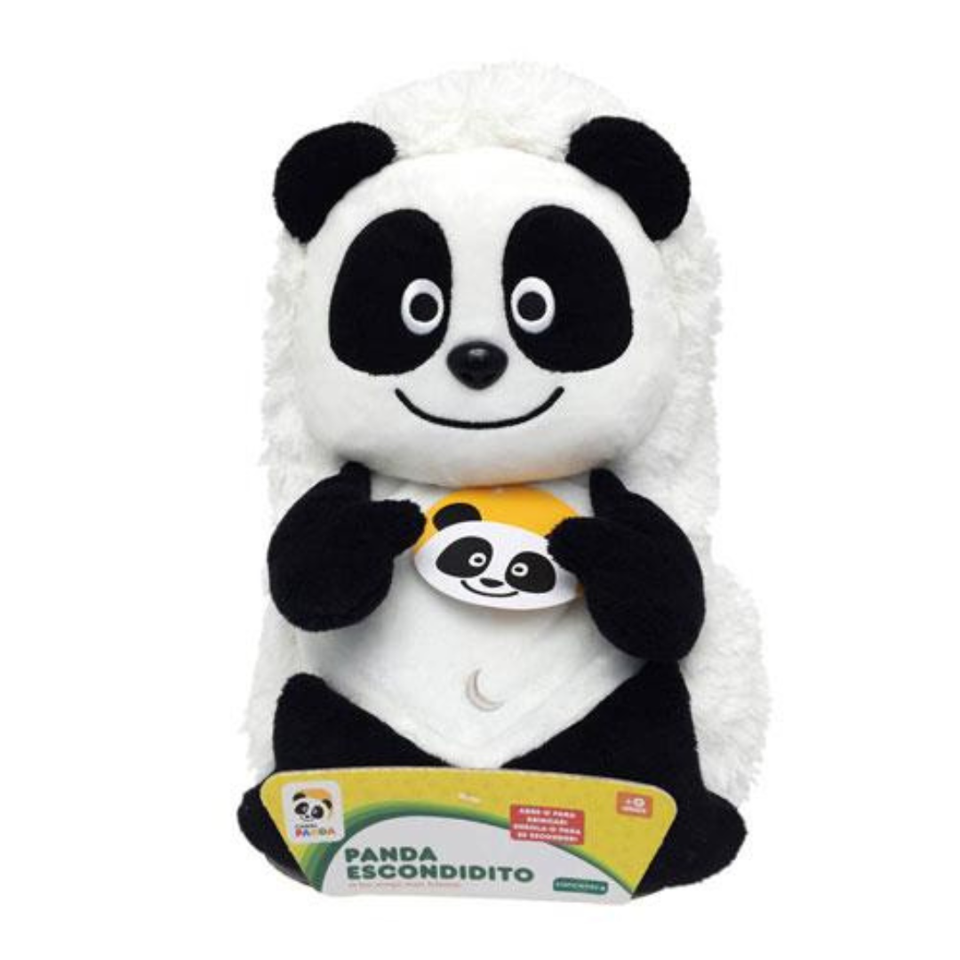 Pelúcia panda preto e branco com etiqueta amarela