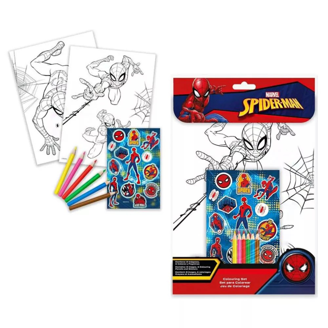 Conjunto de desenho Spider-Man com lápis de cor, folhas para colorir e autocolantes em embalagem azul e vermelha