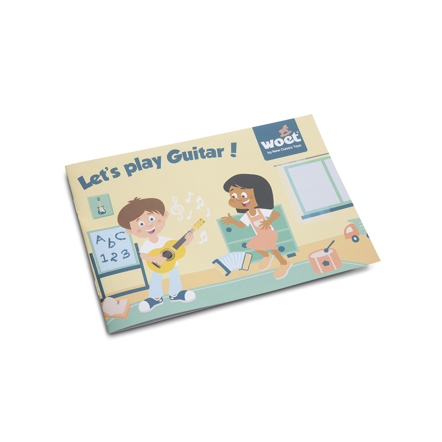 Folheto com crianças a brincar e texto Let's play Guitar!