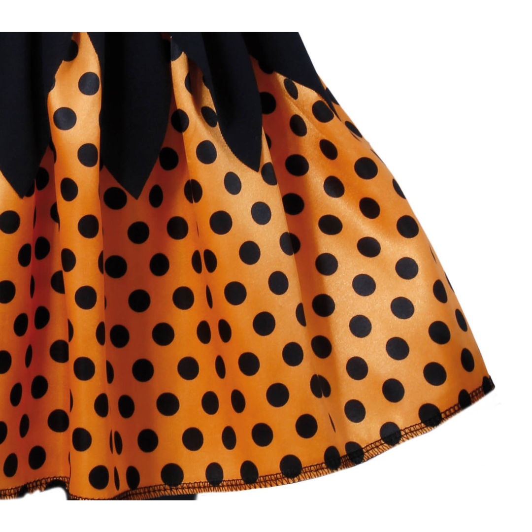 Tecido laranja com bolinhas pretas e acabamento com linha preta