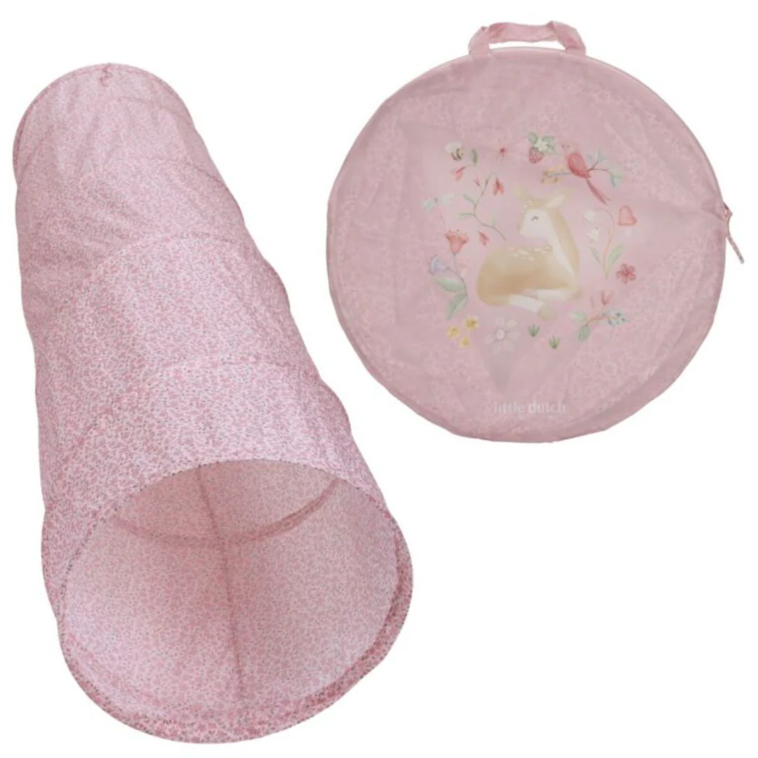 Túnel de brincar rosa com bolsa redonda e estampa de coelho