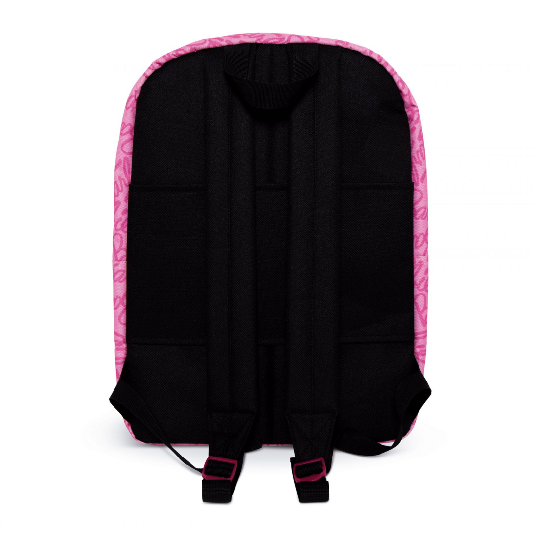 Mochila preta com alças pretas e detalhes cor-de-rosa