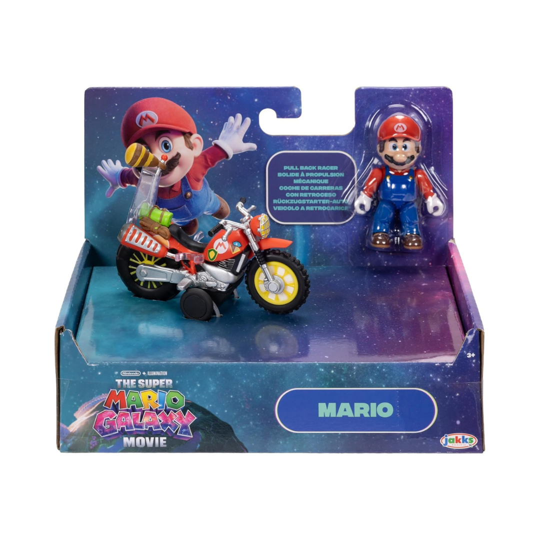 Figura de ação do Mario com moto em embalagem da Super Mario Galaxy Movie
